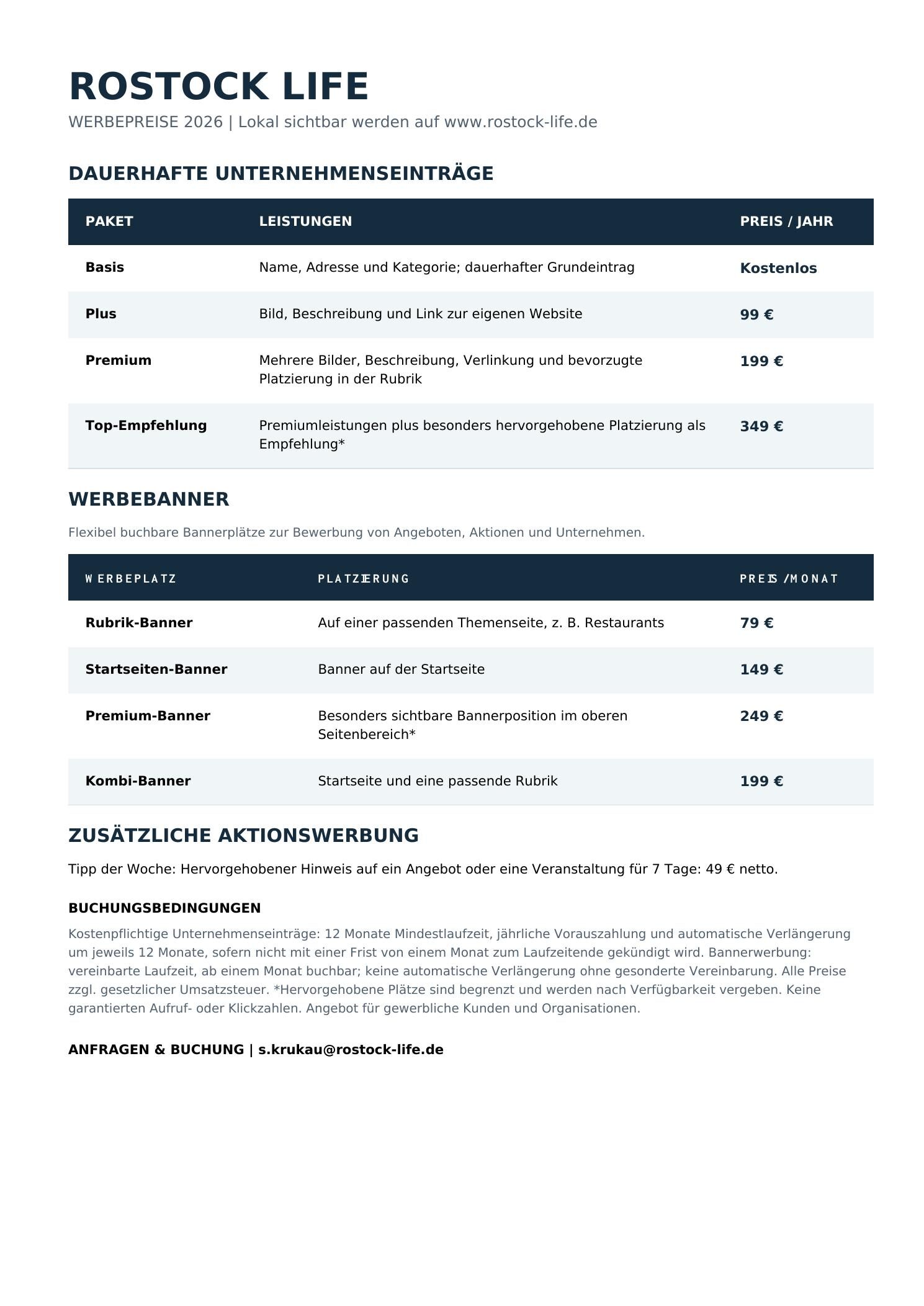 Rostock Life Preisliste für Unternehmenseinträge und Werbebanner
